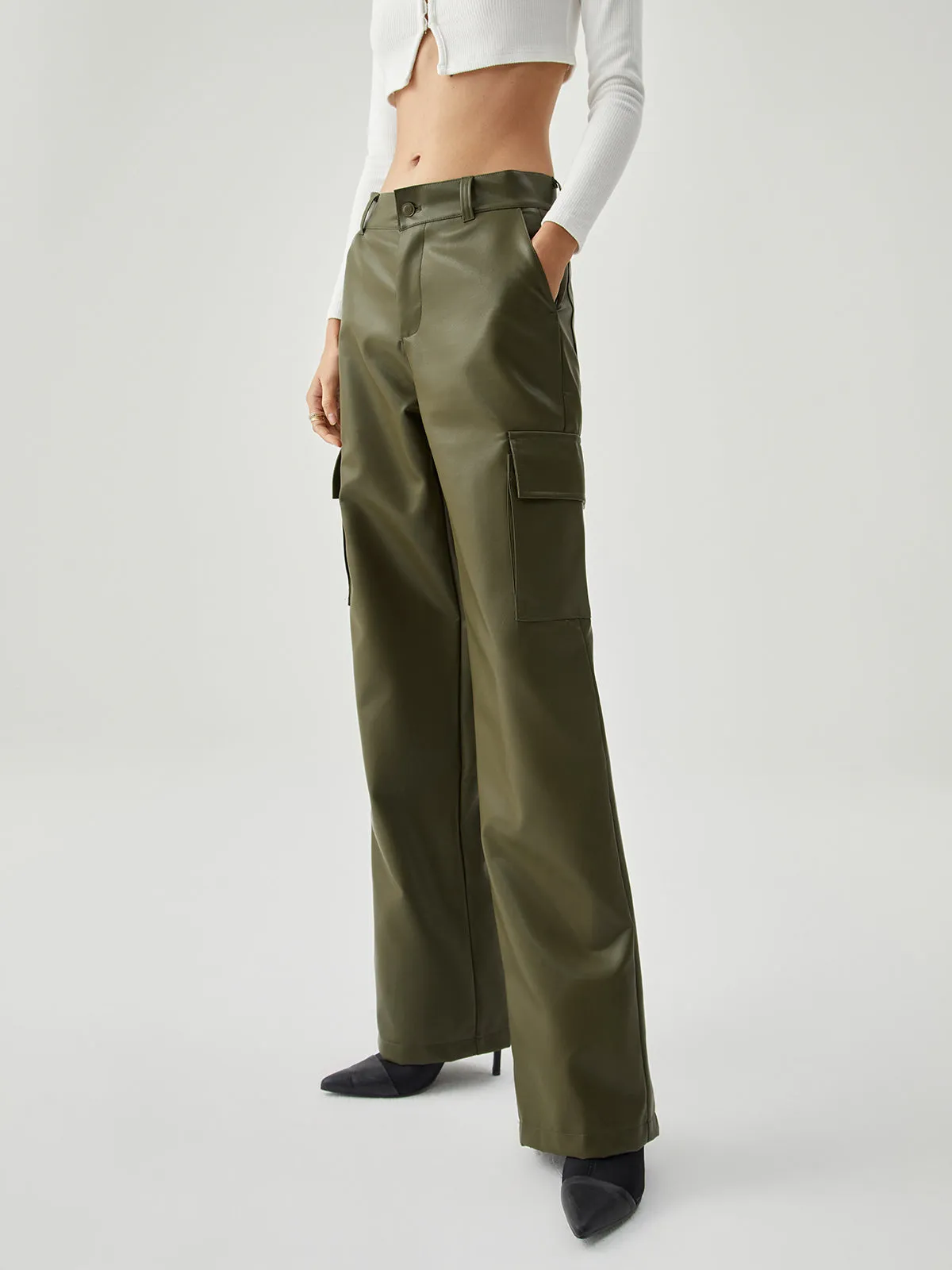 Multiple Pockets Leather Trendy Straight Leg Pants