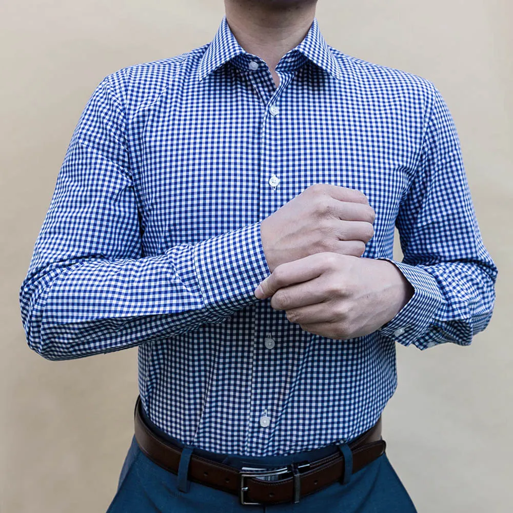 Navy Blue Checked Dress Shirt | The Ming