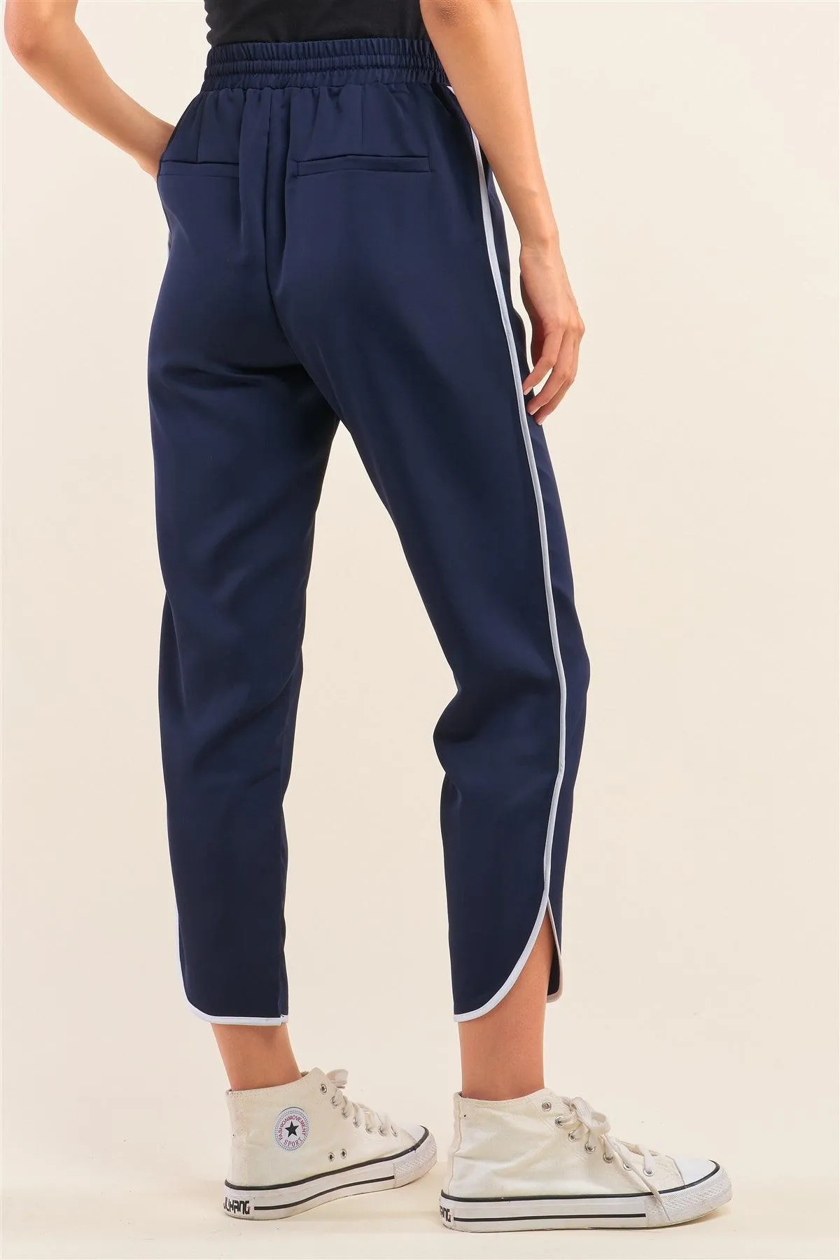 Navy Blue Self-Tie High Waist Asymmetrical Hem Joggers With Front Pockets /1-2-2-1