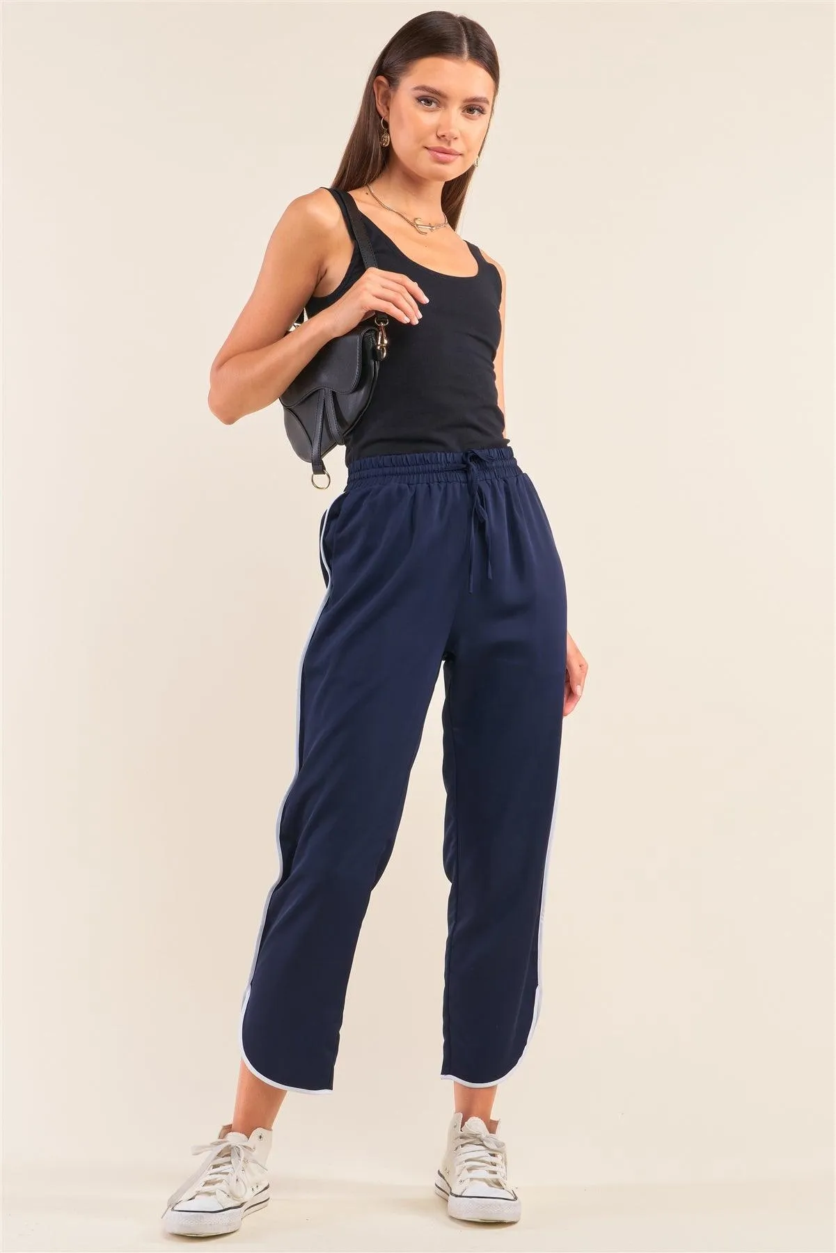 Navy Blue Self-Tie High Waist Asymmetrical Hem Joggers With Front Pockets /1-2-2-1