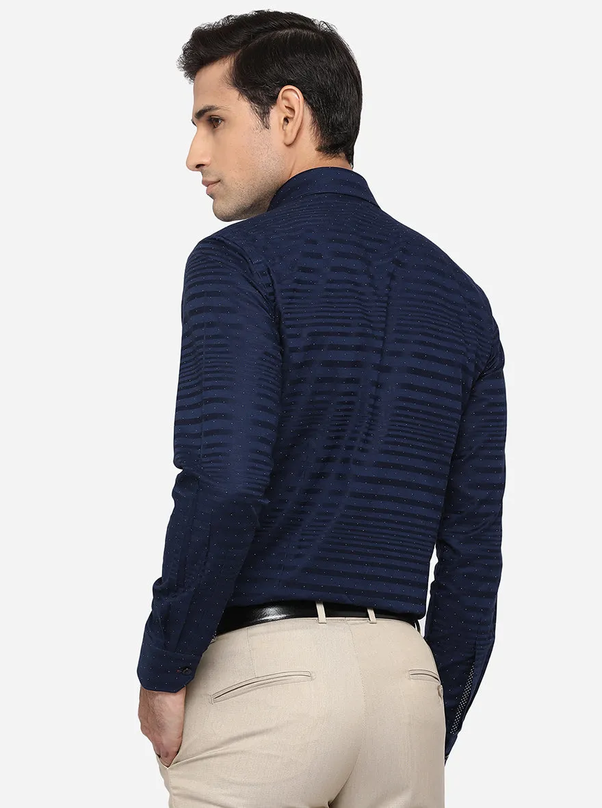 Navy Blue Striped Slim Fit Party Wear Shirt | JB Studio