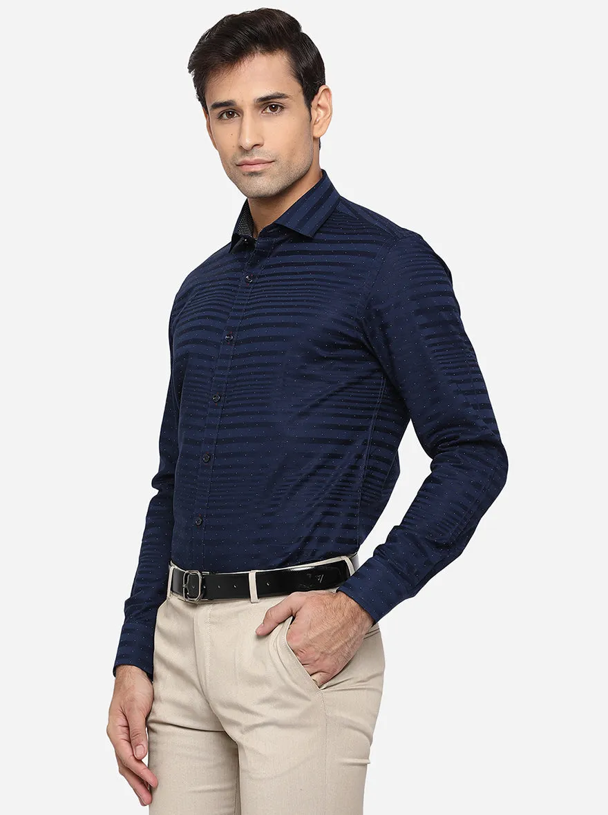 Navy Blue Striped Slim Fit Party Wear Shirt | JB Studio