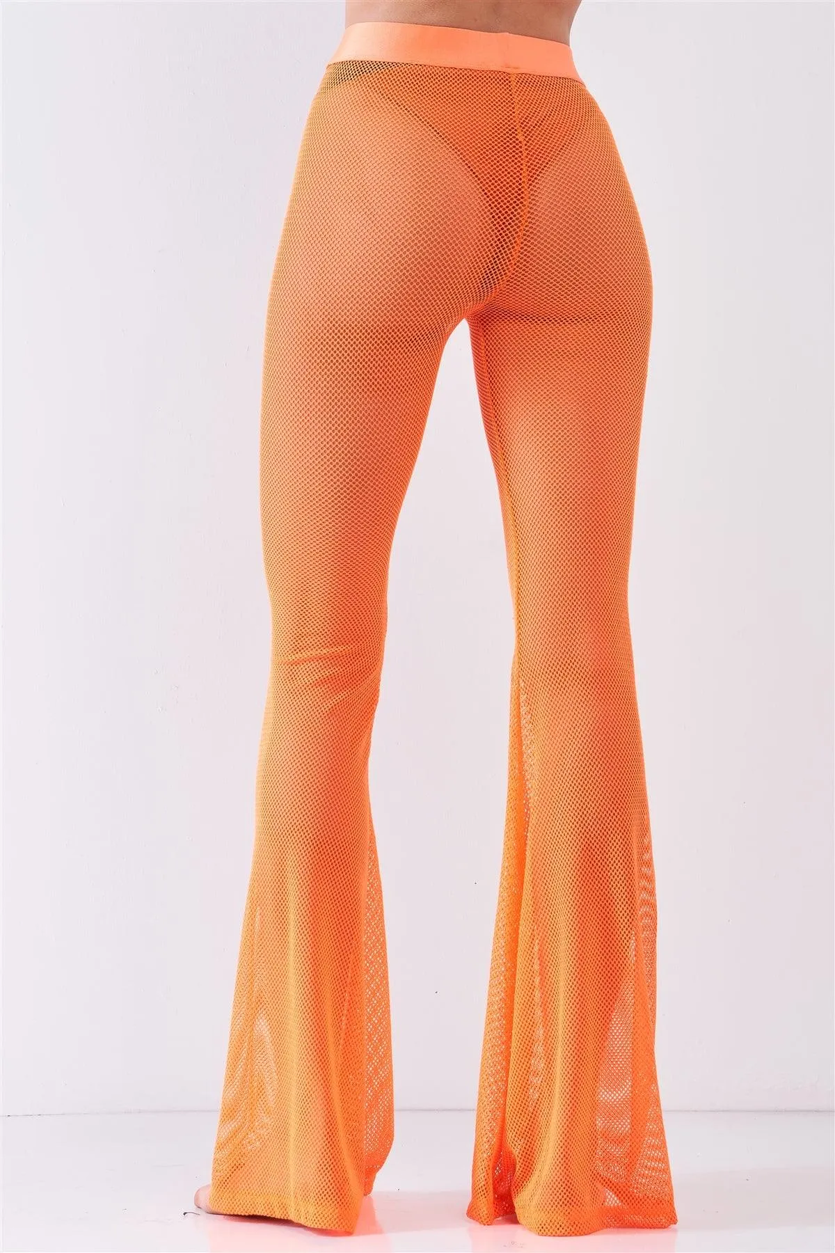 Neon Orange Sheer Tennis Net Mesh High Waist Bell Bottom Pants /2-2-2-1