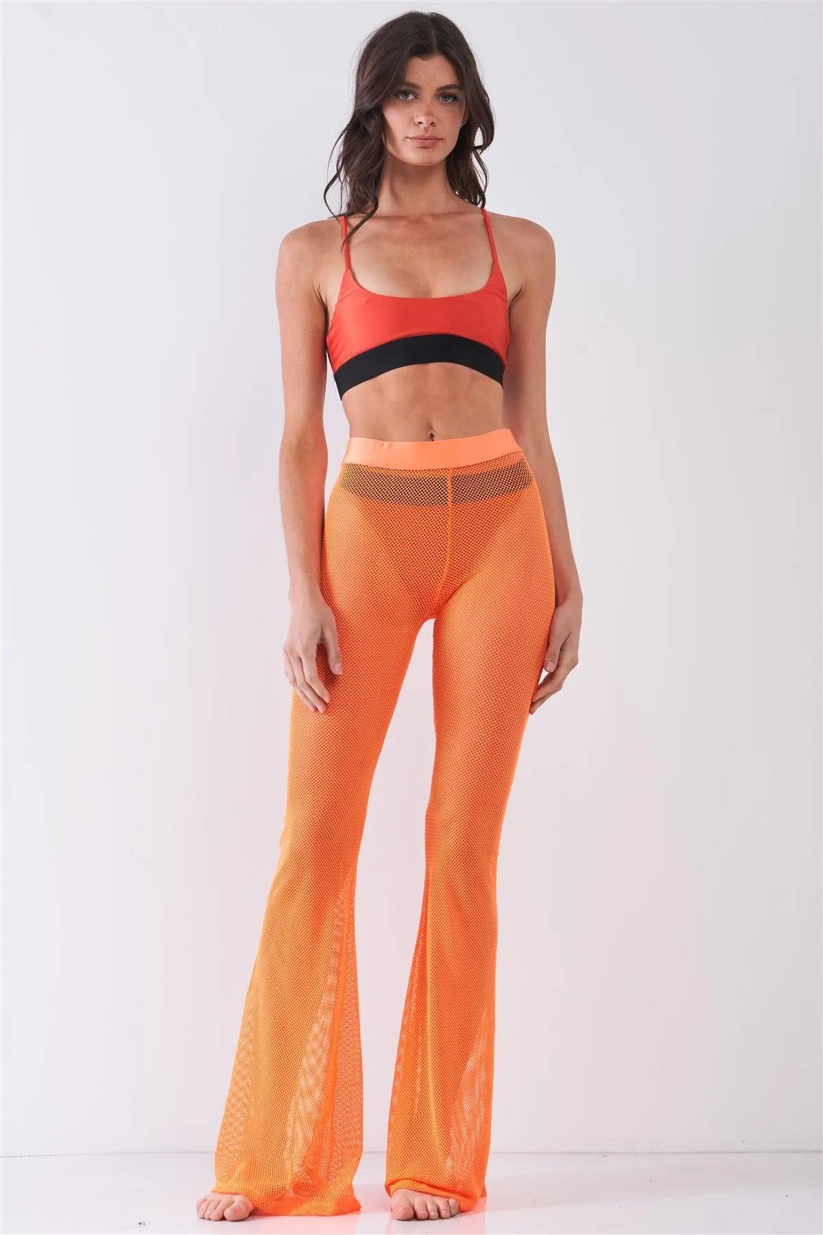 Neon Orange Sheer Tennis Net Mesh High Waist Bell Bottom Pants /2-2-2-1