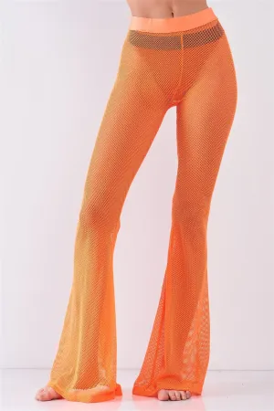 Neon Orange Sheer Tennis Net Mesh High Waist Bell Bottom Pants /2-2-2-1