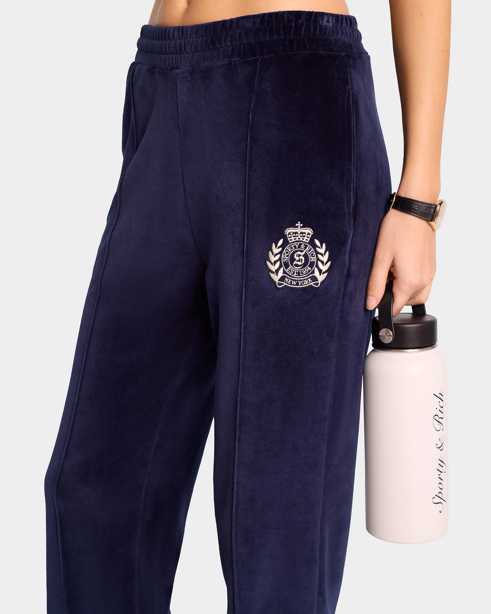 NY Crest Velour Track Pant - Navy/Cream