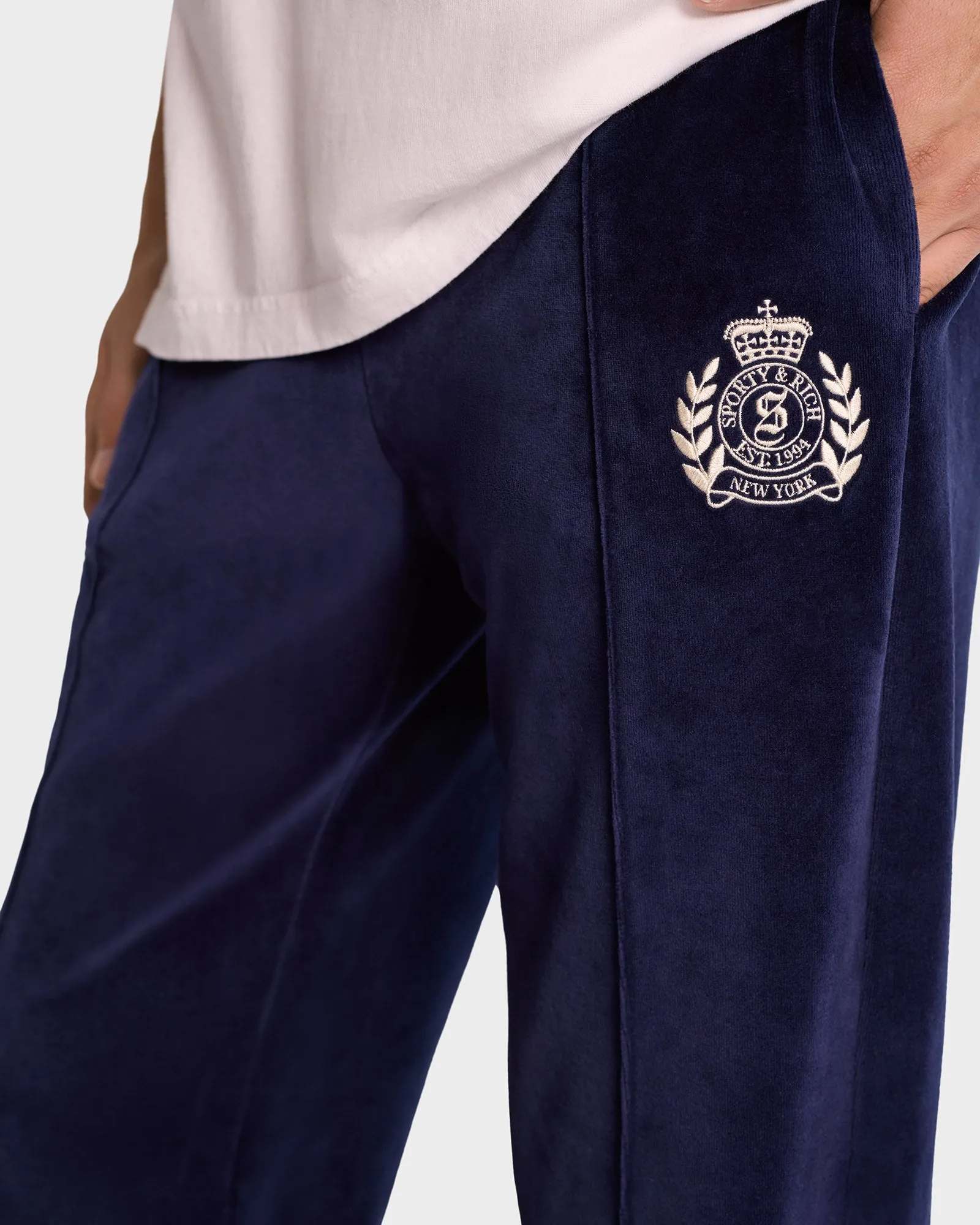 NY Crest Velour Track Pant - Navy/Cream