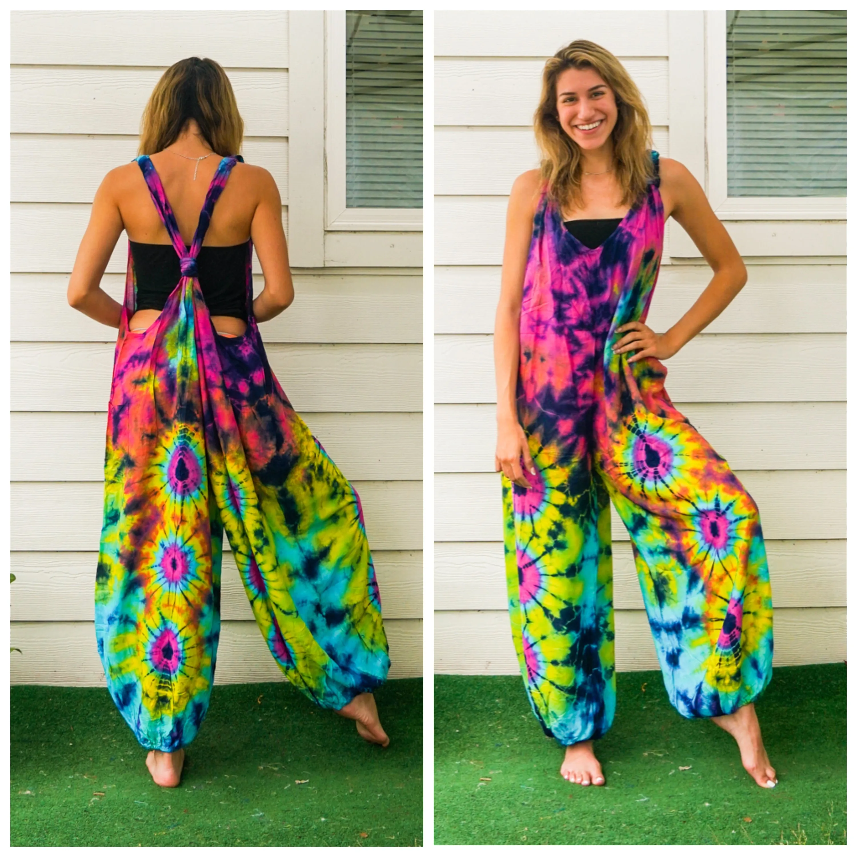 Pink Eye Hand Dyed  Hippie Racerback Dungarees Jumpsuit Romper