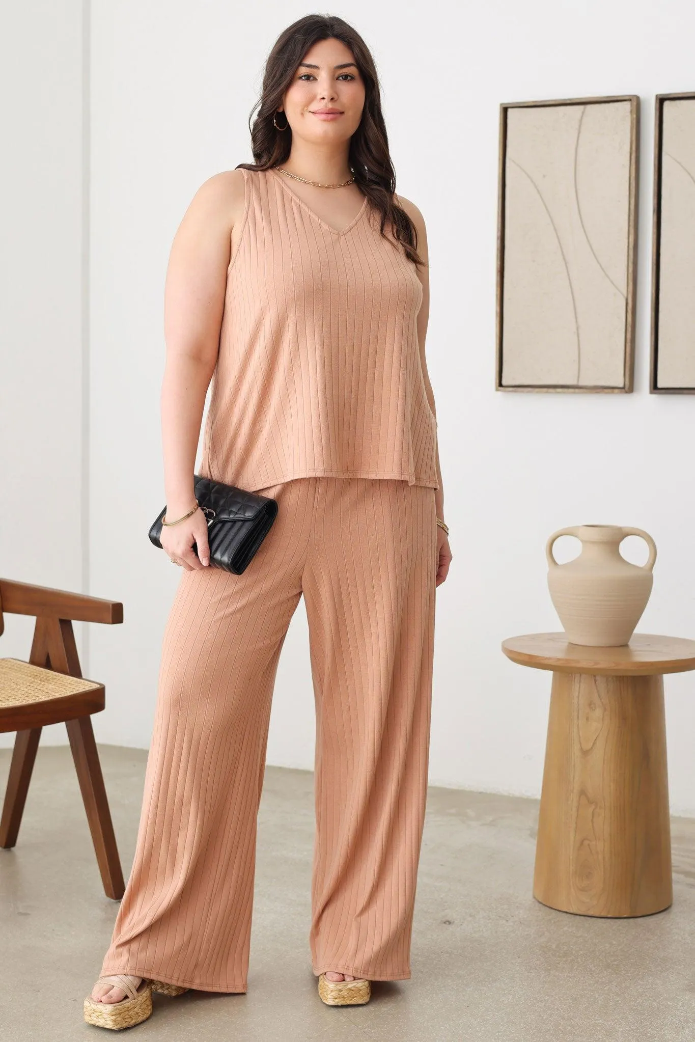 Plus Size Ribbed V-Neck Top & Side Pocket Pants Set