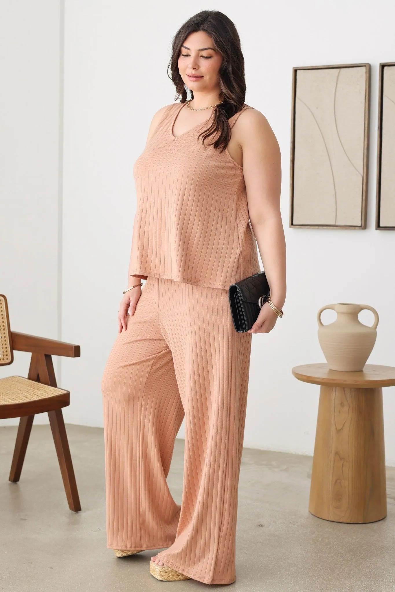 Plus Size Ribbed V-Neck Top & Side Pocket Pants Set