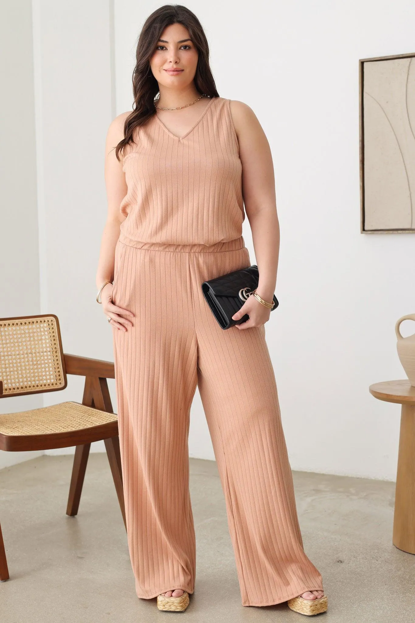 Plus Size Ribbed V-Neck Top & Side Pocket Pants Set