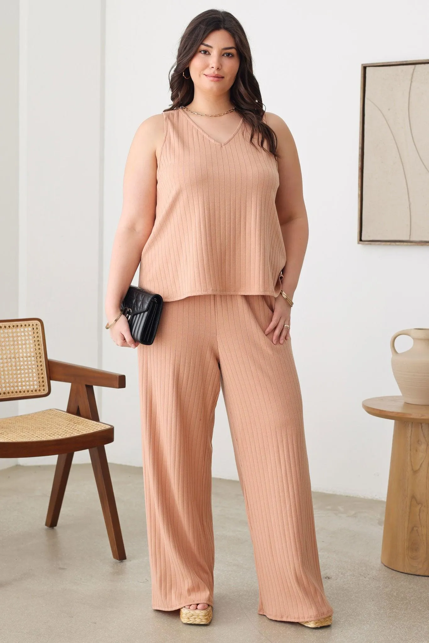 Plus Size Ribbed V-Neck Top & Side Pocket Pants Set