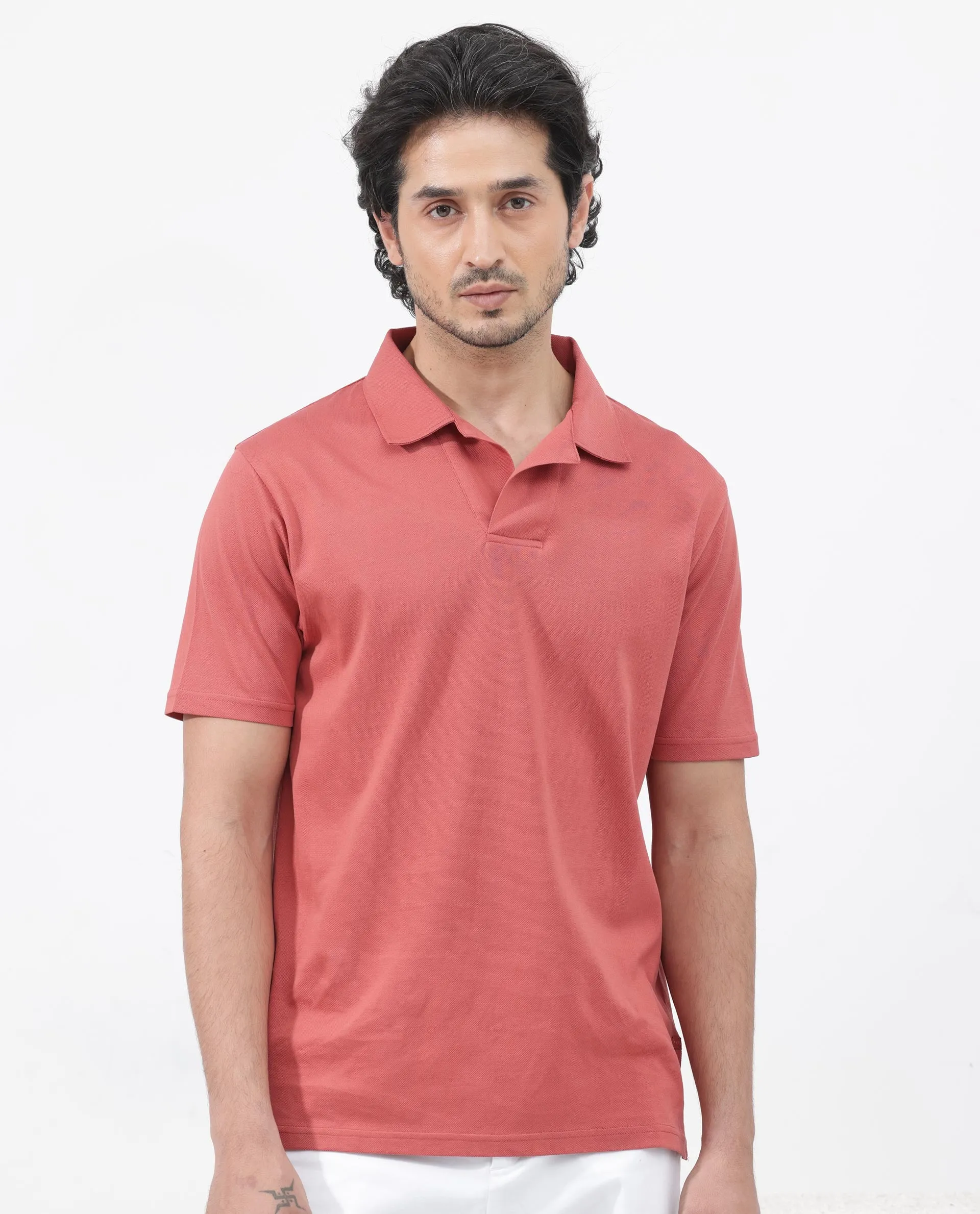 Rare Rabbit Mens Brillio Red Cotton Fabric Johnny Collar Short Sleeve Solid Polo T-Shirt