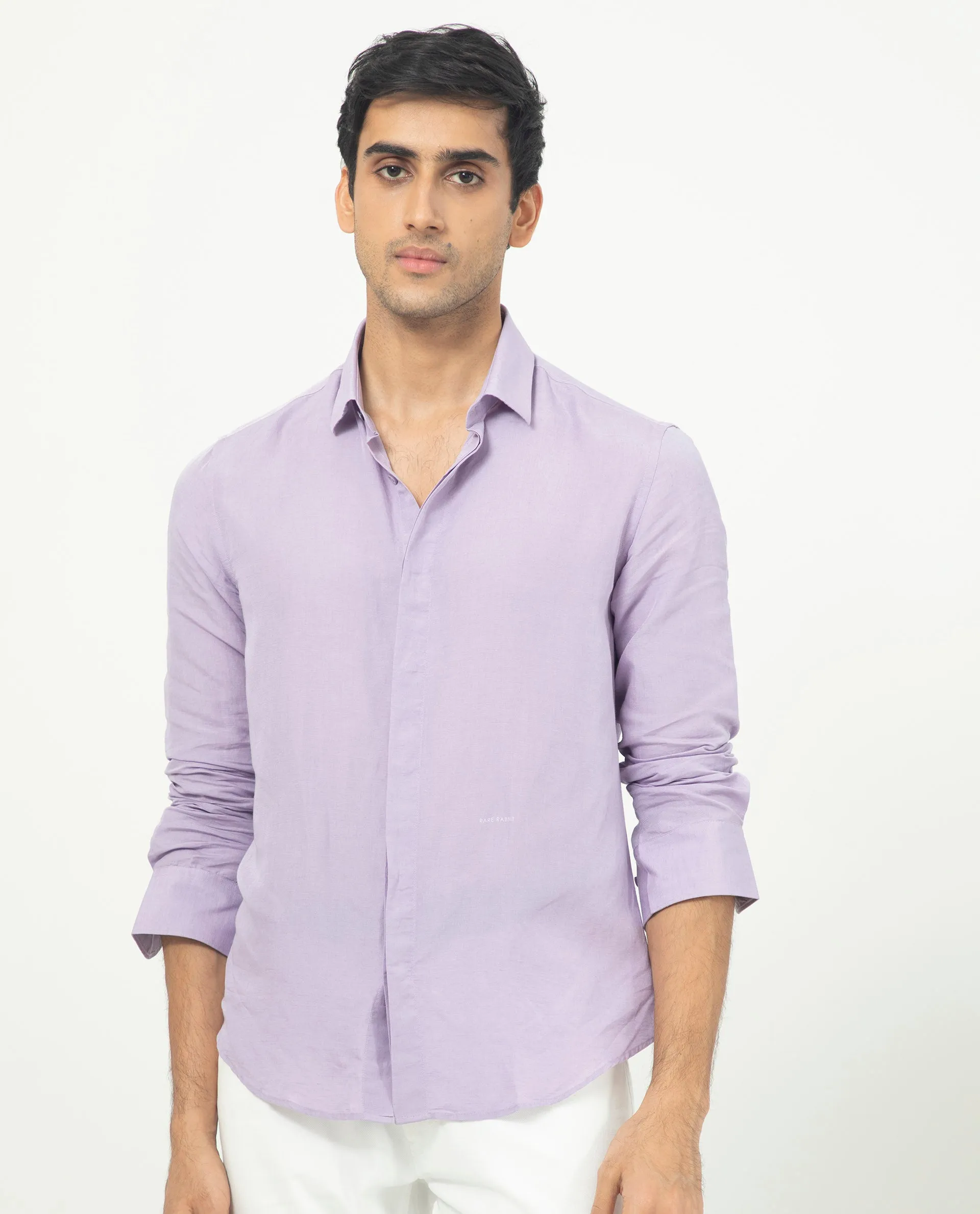 Rare Rabbit Men's Throner Pastel Purple Full Sleeves Solid Linen Blend Shirt