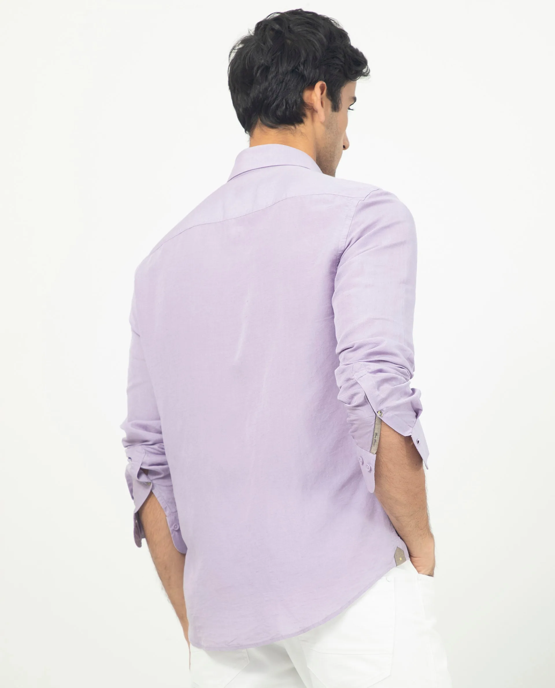 Rare Rabbit Men's Throner Pastel Purple Full Sleeves Solid Linen Blend Shirt