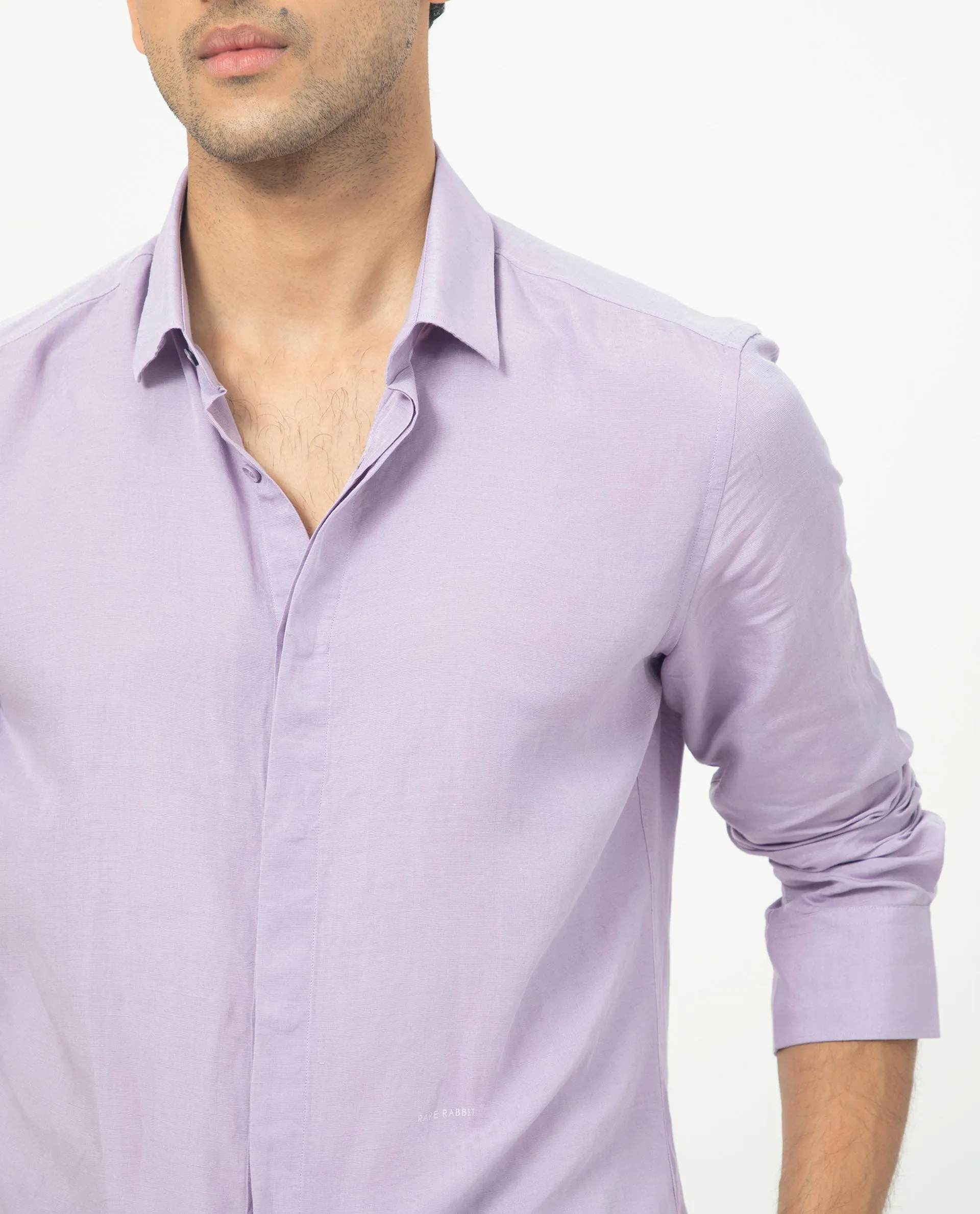 Rare Rabbit Men's Throner Pastel Purple Full Sleeves Solid Linen Blend Shirt