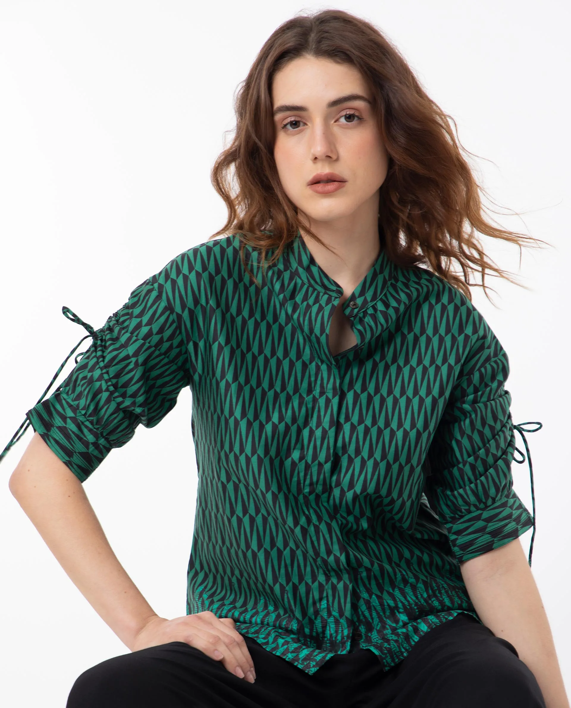 Rareism Women Tafel Green Cotton Fabric Short Sleeves Button Closure Mandarin Collar Regular Fit Geometric Print Top