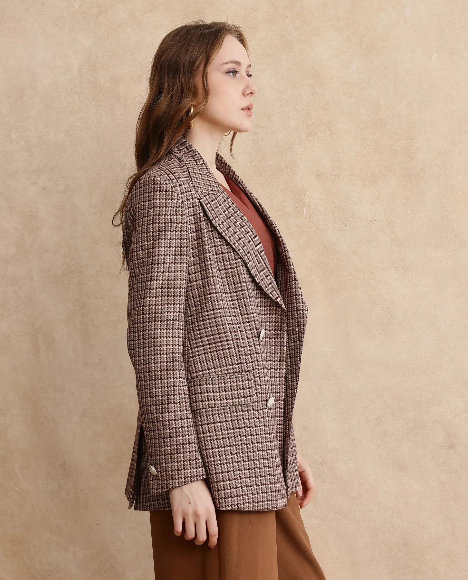 Rareism Women Tanbi Brown Full Sleeves Lapel Neck Button Closure Woven Design Blazer