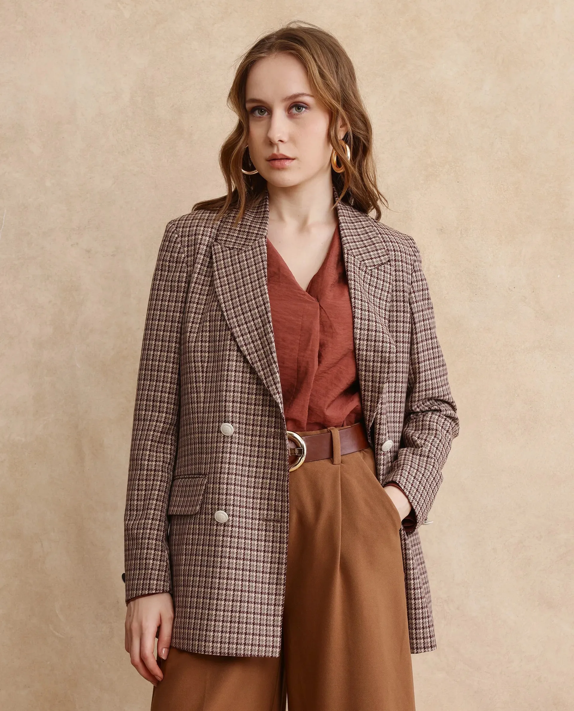 Rareism Women Tanbi Brown Full Sleeves Lapel Neck Button Closure Woven Design Blazer