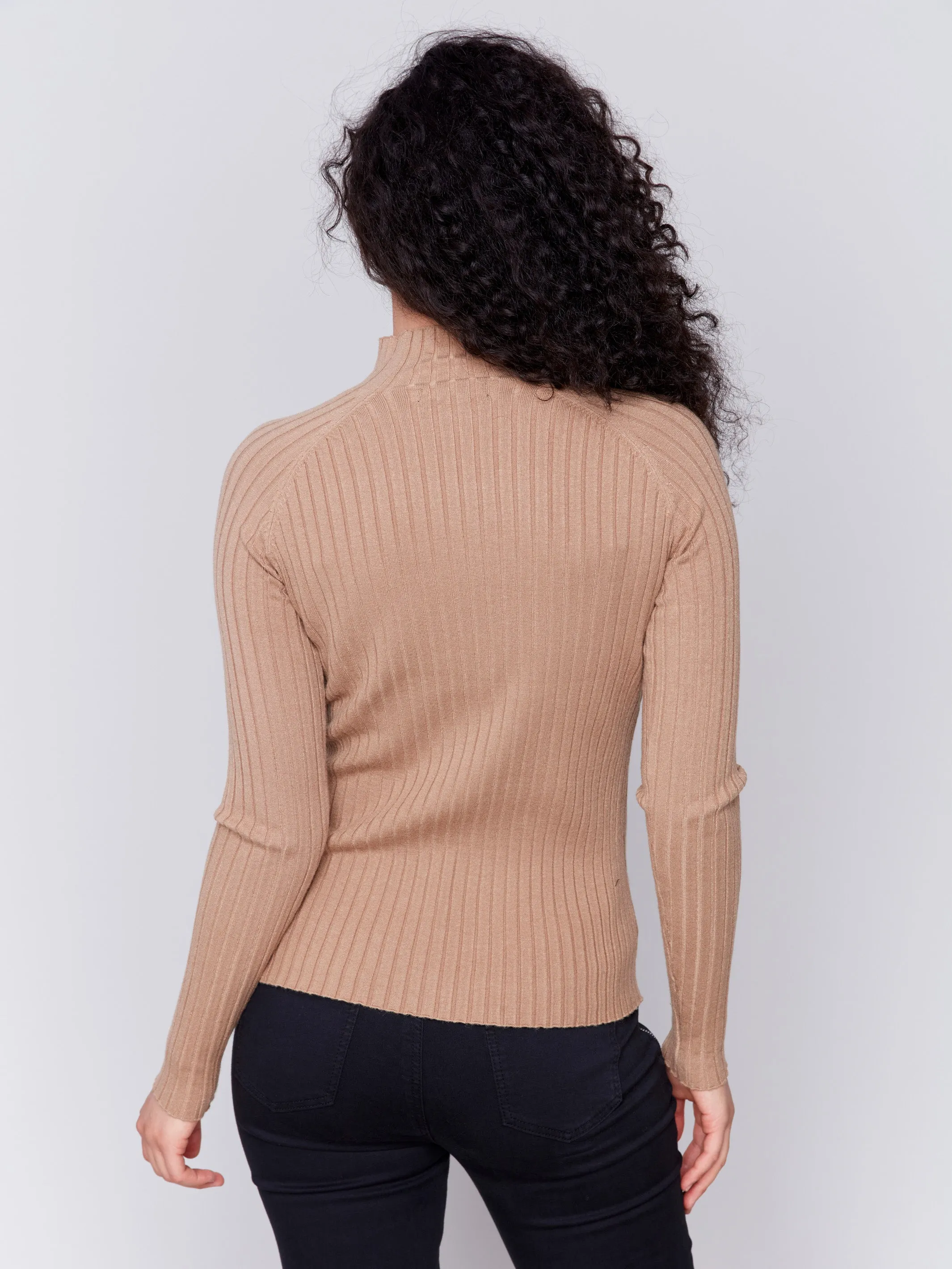 Ribbed Knit Mock Neck Sweater - Truffle