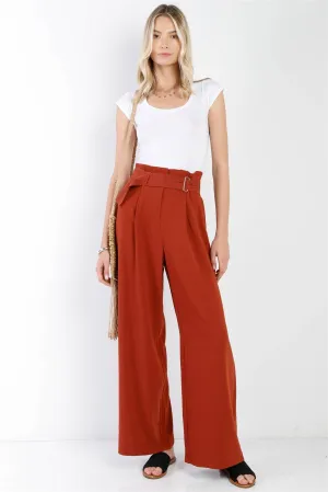 Rust Fold Pleated Belted Wide Leg Full Length Pants /1-2-2-1