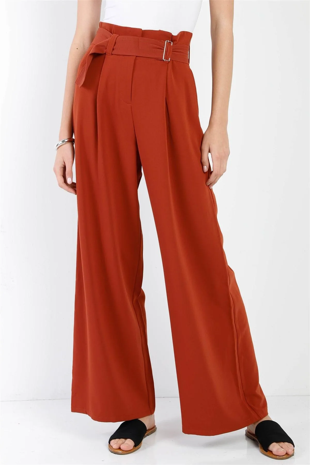 Rust Fold Pleated Belted Wide Leg Full Length Pants /1-2-2-1