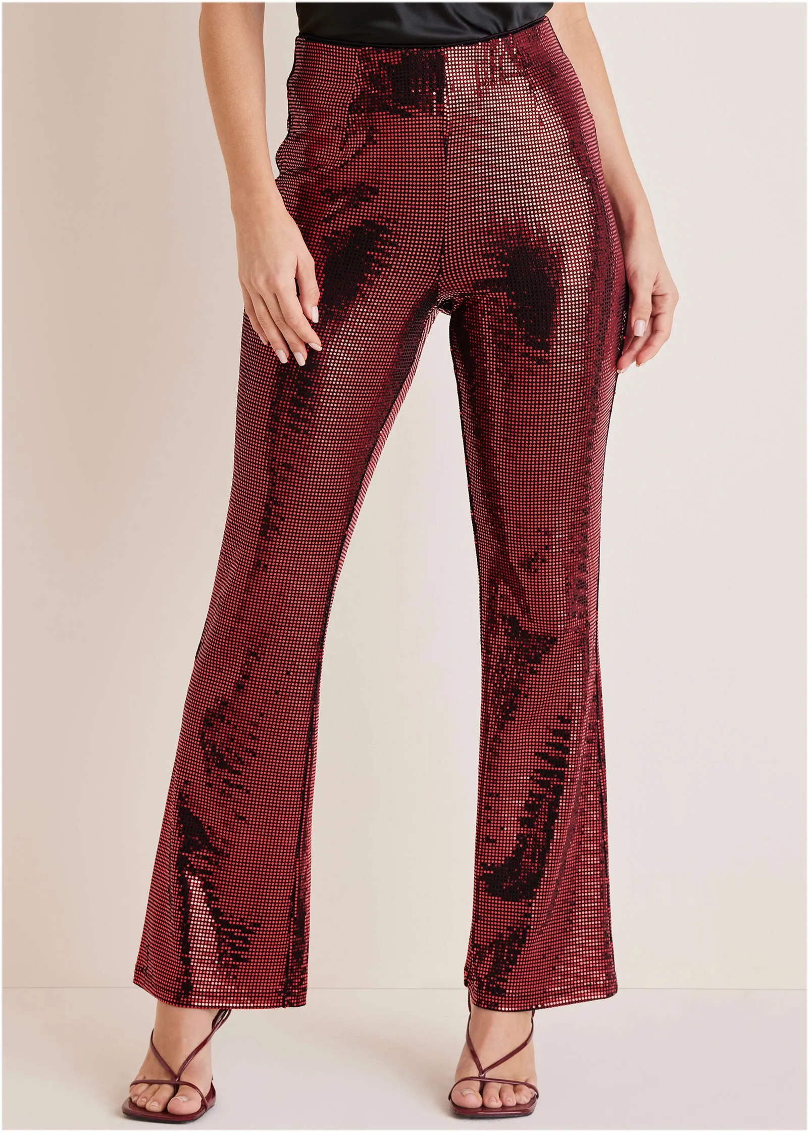 Sequin Flare Leg Pants - Red & Black