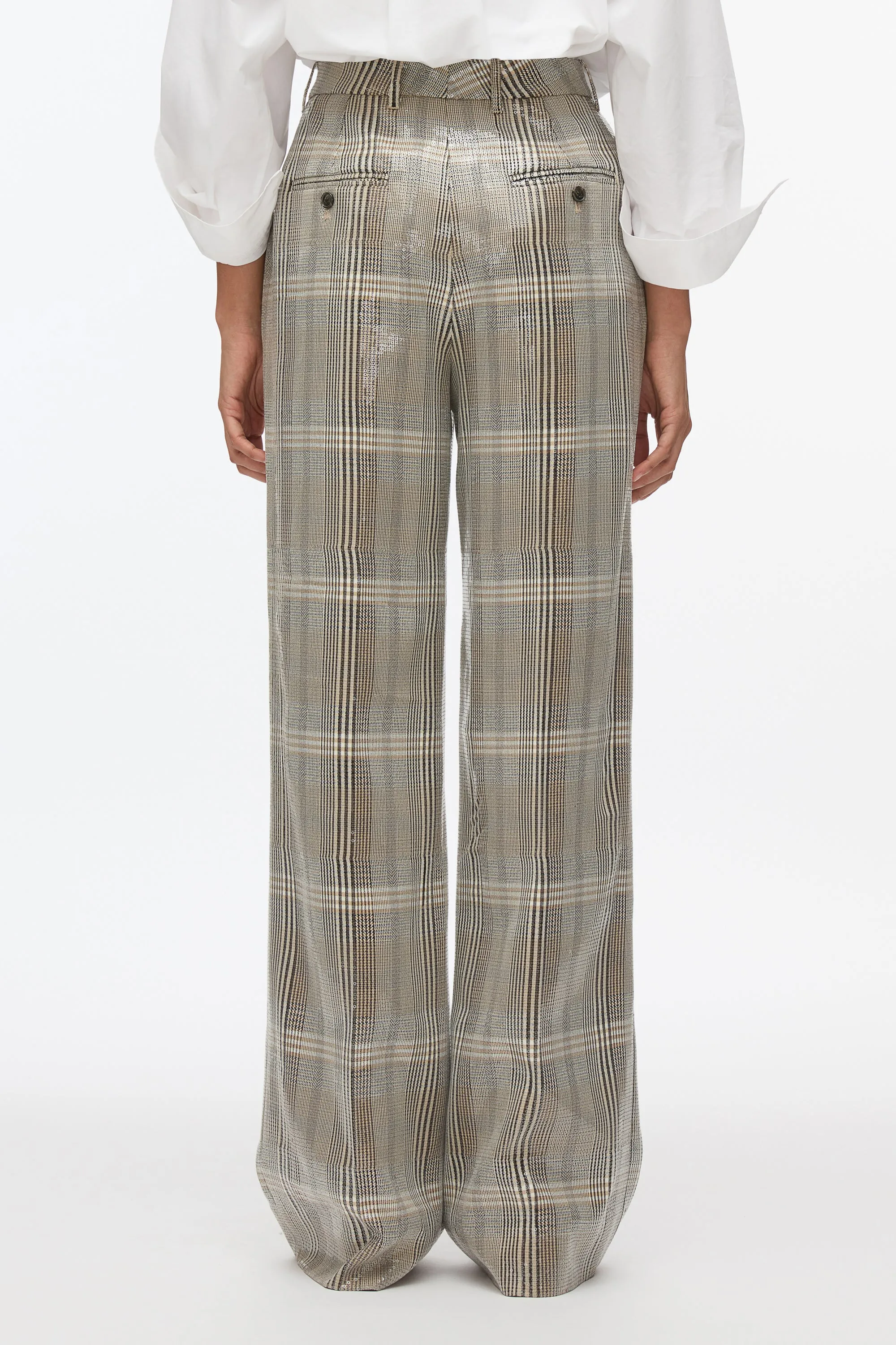 Sequin Plaid Wide Leg Trouser