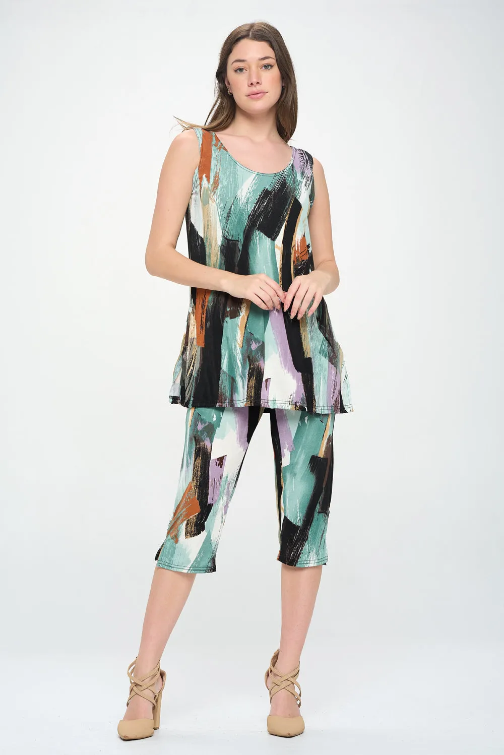 Stretchy Tank Capri Pant Set Print-9002BN-TRP1-W379