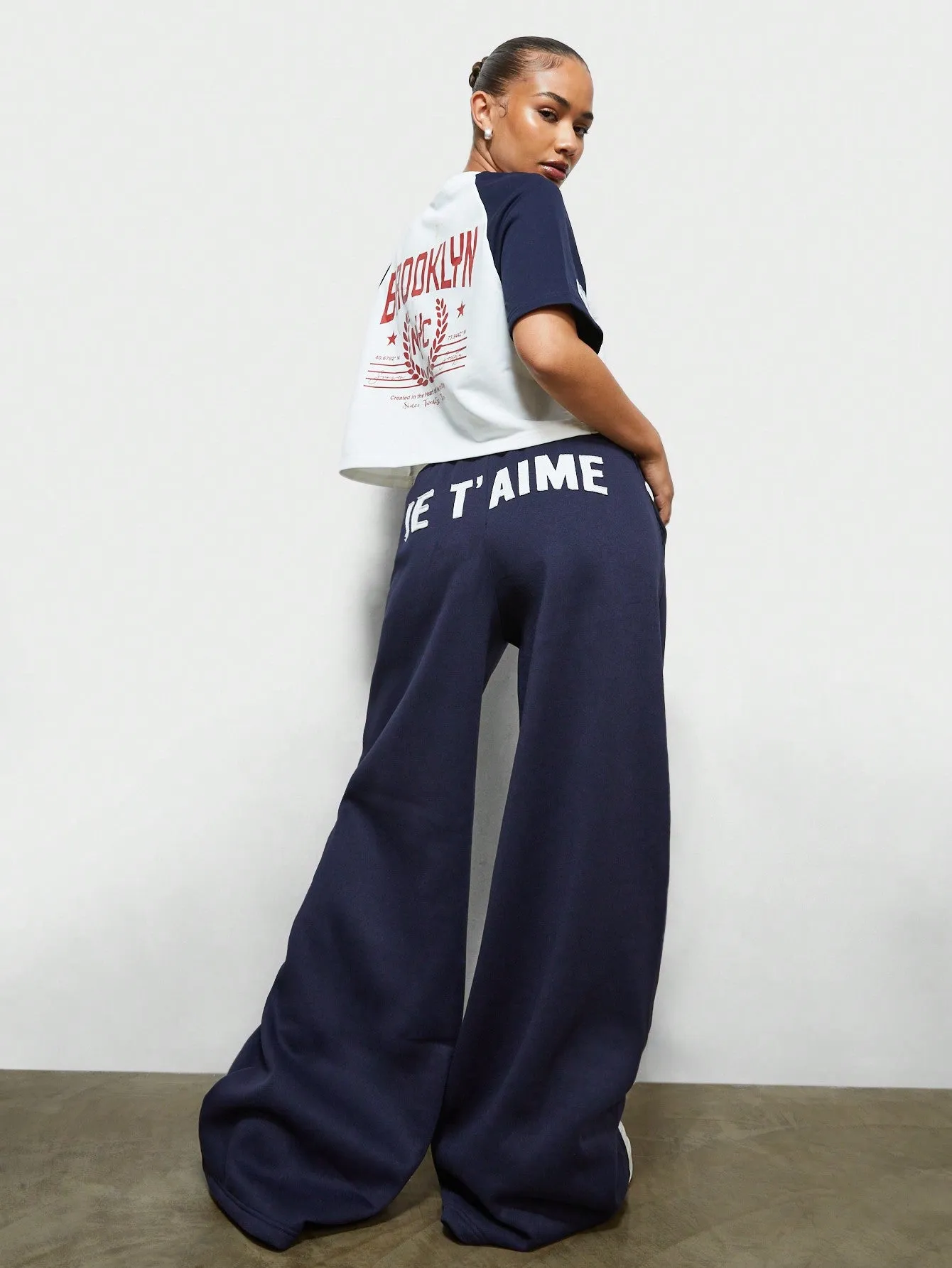 SUMWON WOMEN Pull On Wide Leg Sweatpants With Letter Graphic Print