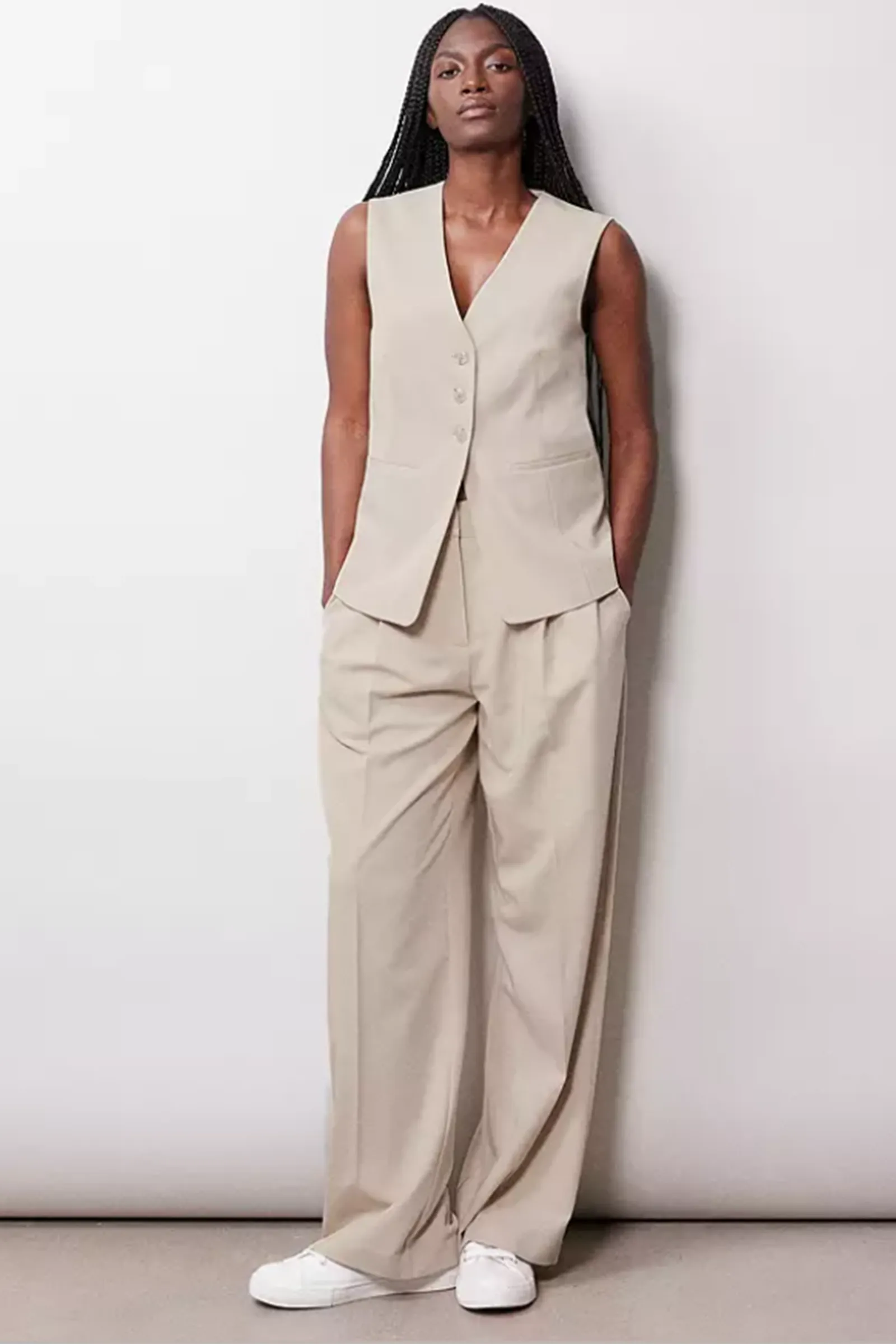 Tailored Cutaway Longline Waistcoat, Stone and Pleat Front Tailored Trousers, Stone