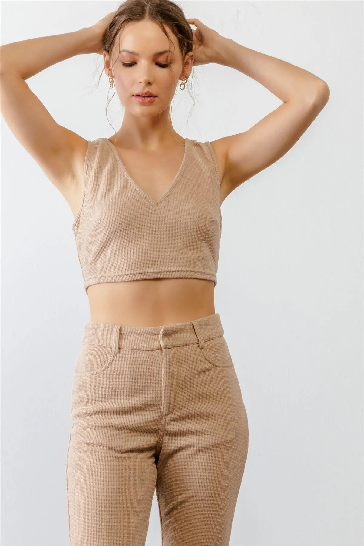 Taupe Waffle Knit Open Tie Back Crop Top & High Waist Four Pocket Pants Set /3-2-1