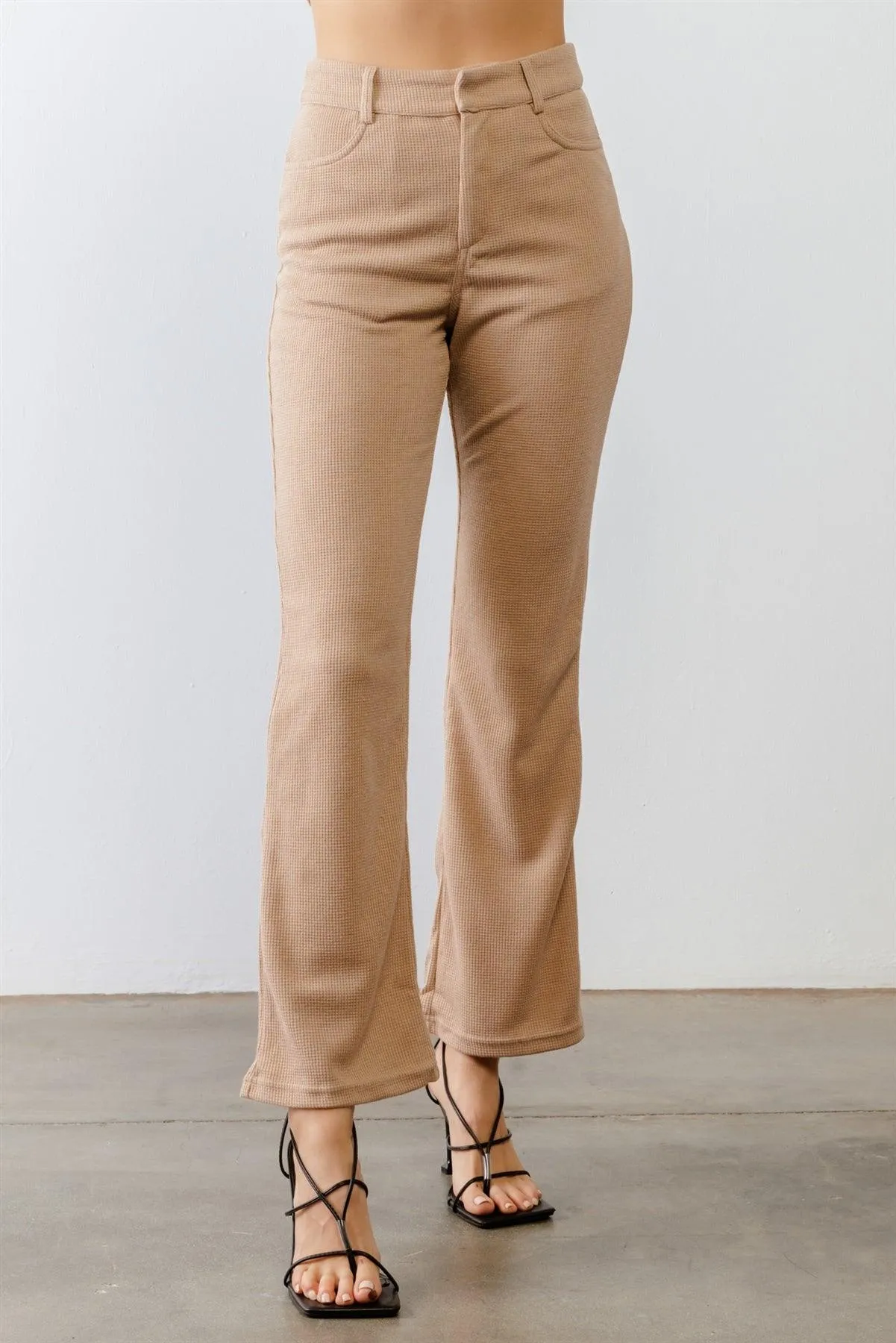 Taupe Waffle Knit Open Tie Back Crop Top & High Waist Four Pocket Pants Set /3-2-1