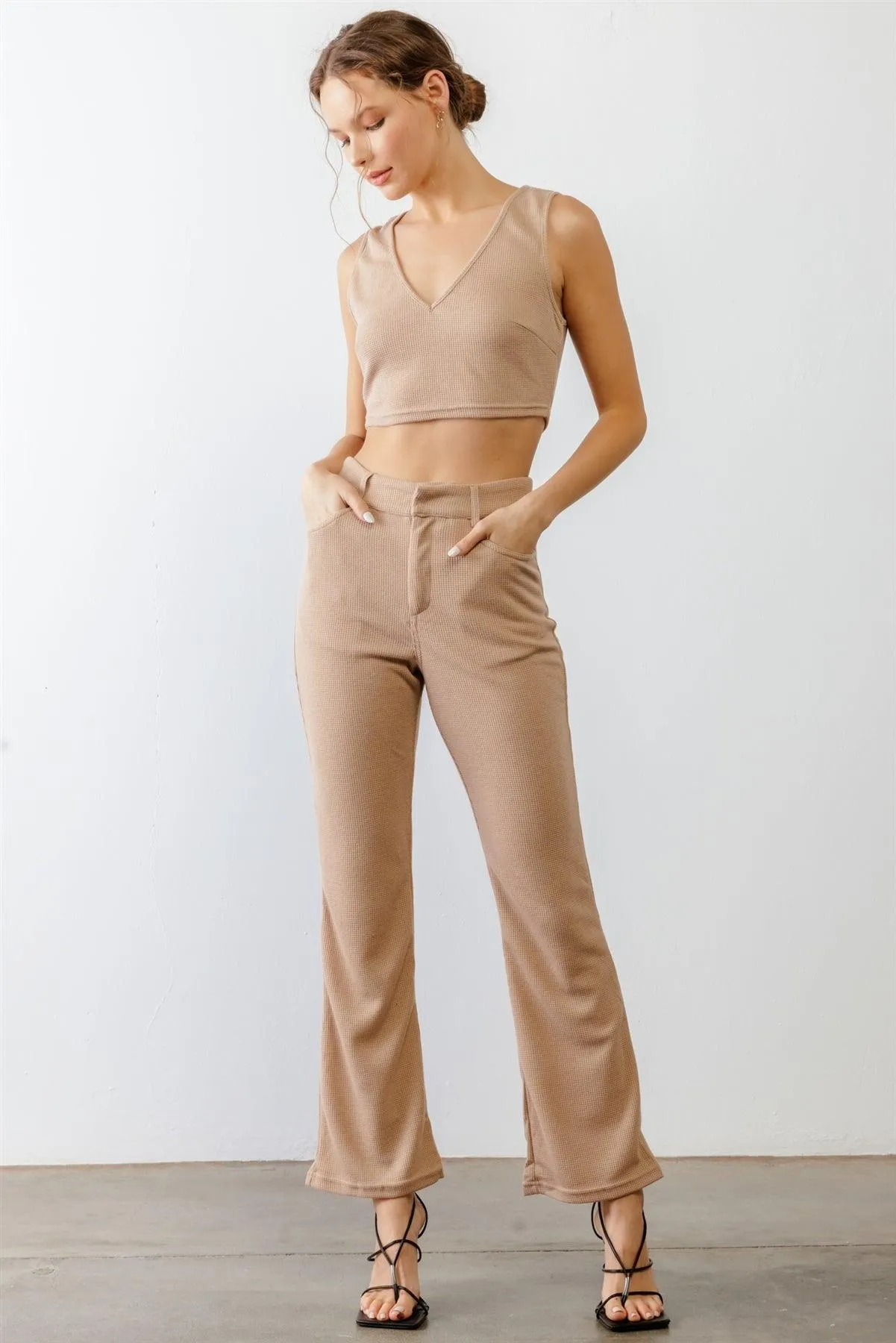 Taupe Waffle Knit Open Tie Back Crop Top & High Waist Four Pocket Pants Set /3-2-1