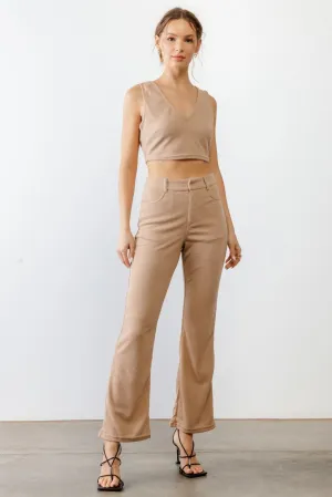 Taupe Waffle Knit Open Tie Back Crop Top & High Waist Four Pocket Pants Set /3-2-1