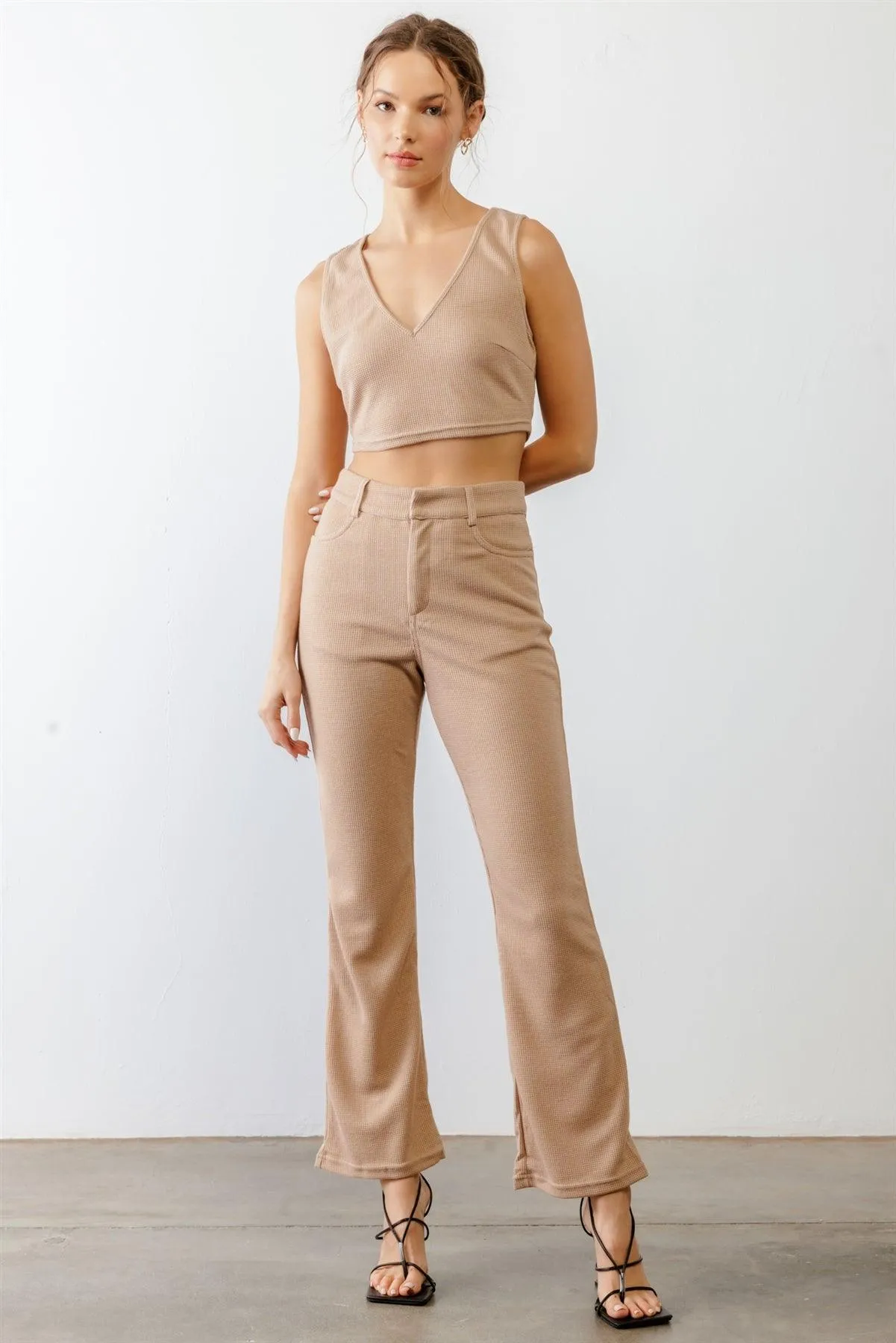 Taupe Waffle Knit Open Tie Back Crop Top & High Waist Four Pocket Pants Set /3-2-1