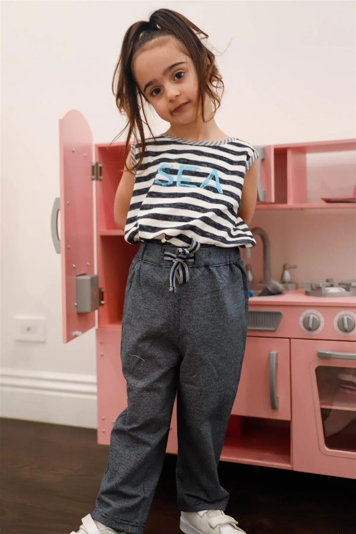 Toddler Girls Navy Stripe Cotton Drawstring Bottom Pants