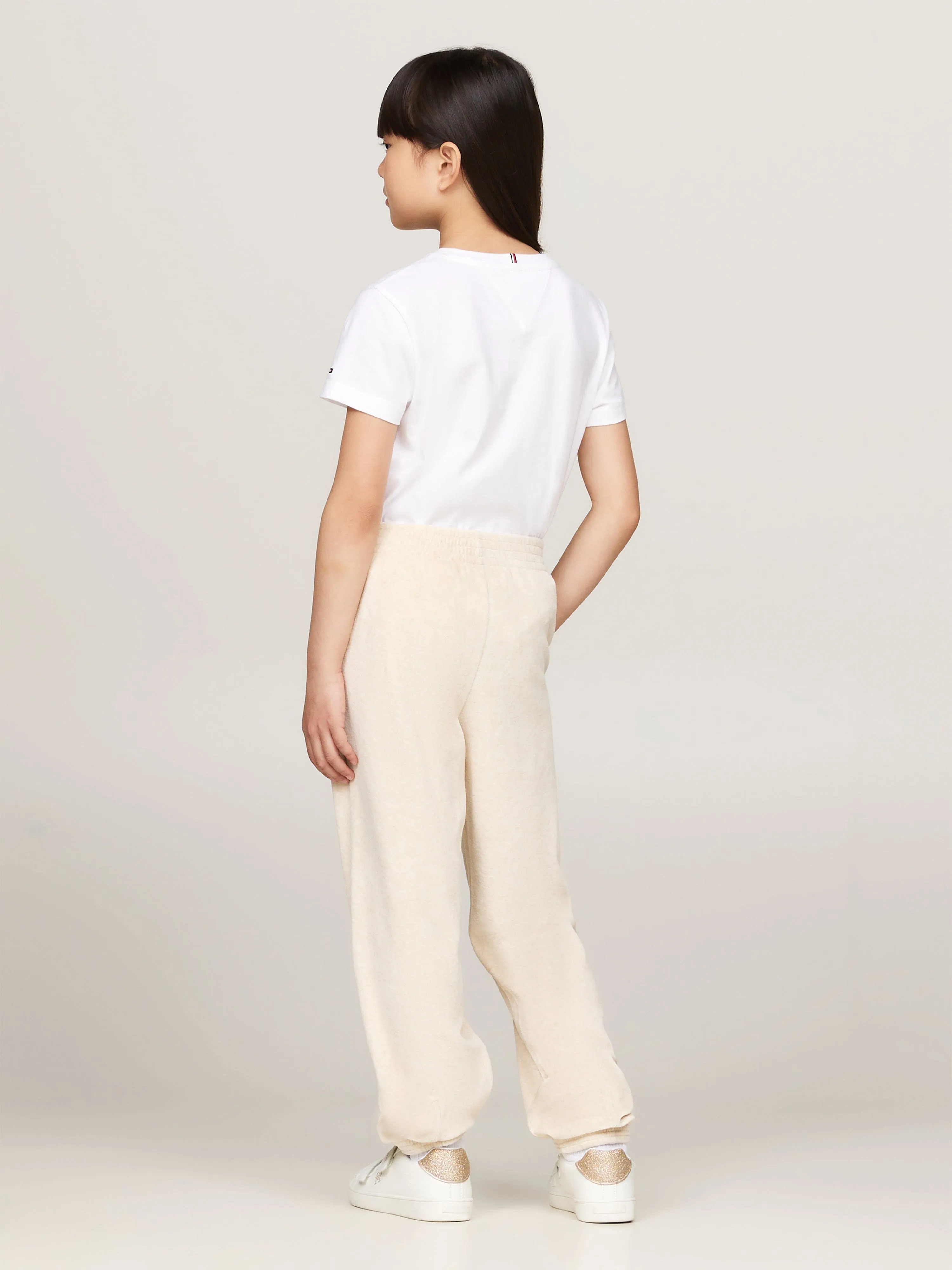 Tommy Hilfiger Girls Script Logo Velour Pants in Beige