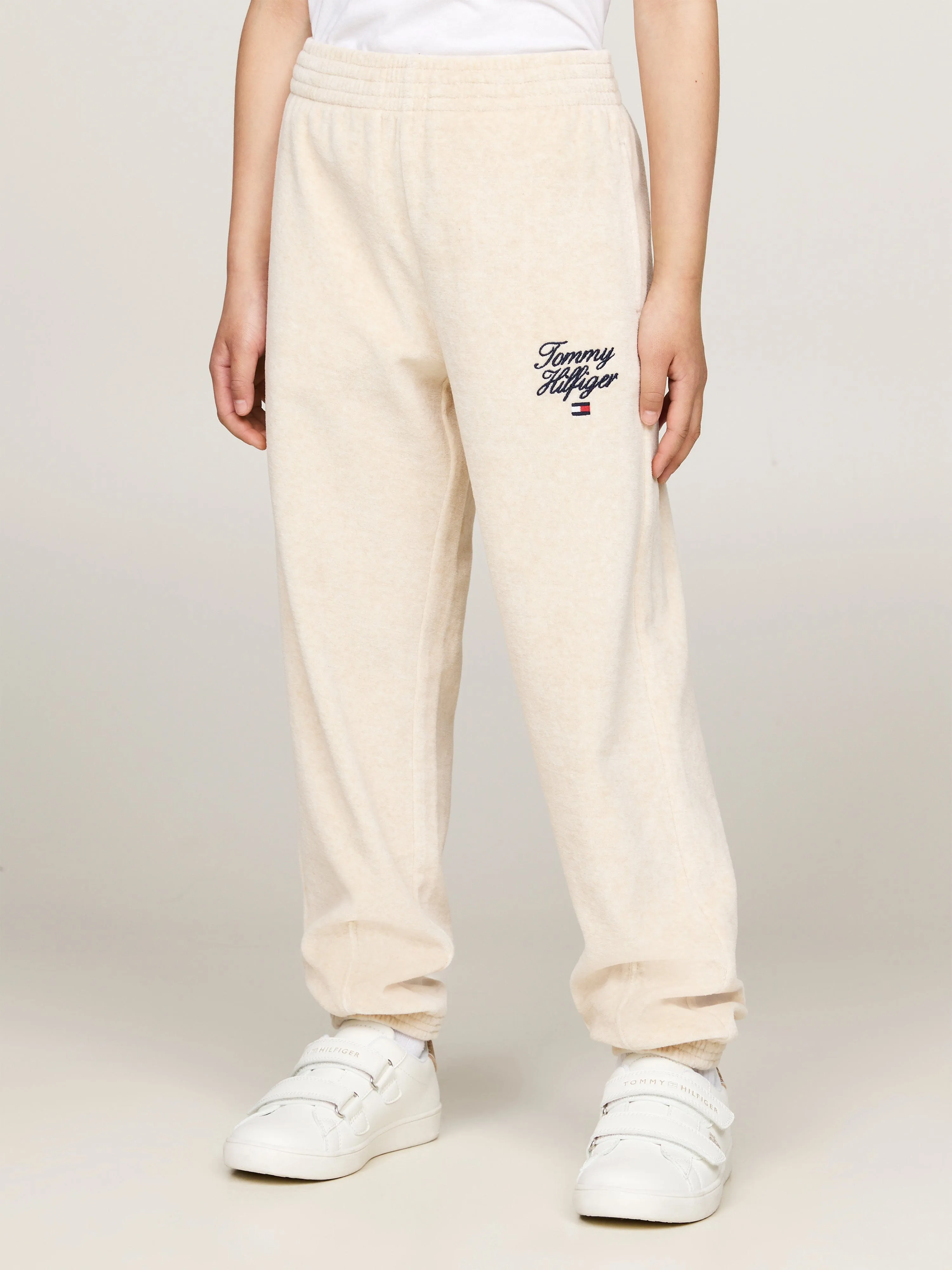 Tommy Hilfiger Girls Script Logo Velour Pants in Beige