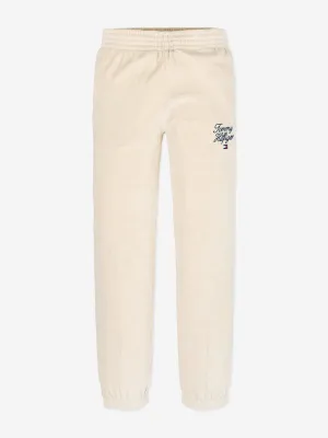 Tommy Hilfiger Girls Script Logo Velour Pants in Beige