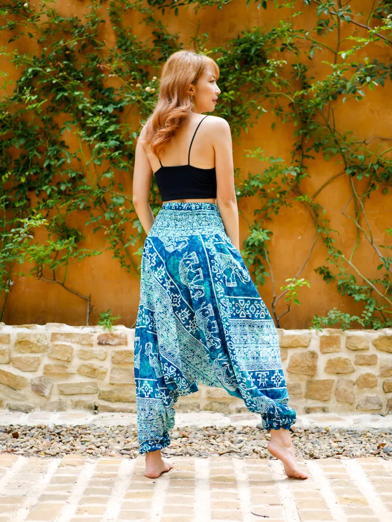 Turquoise Blue Elephant Low Cut Harem Pants