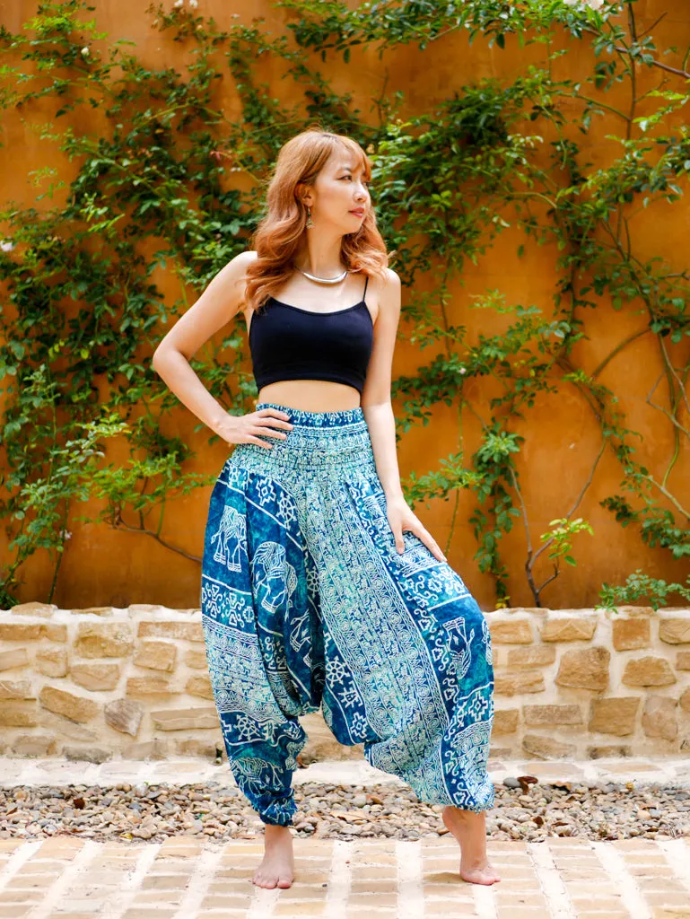 Turquoise Blue Elephant Low Cut Harem Pants