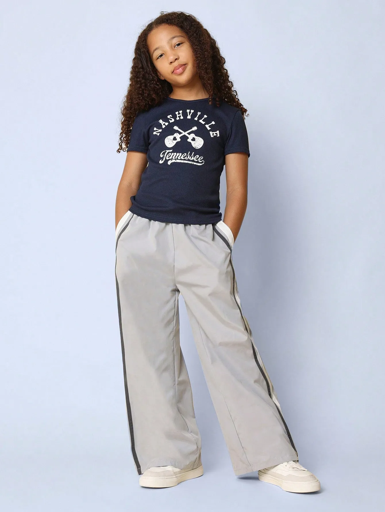 Tween Girls Relaxed Wide Leg Nylon Pant With Side Stripe Panel