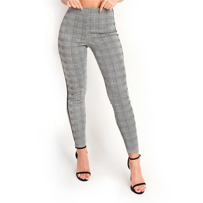 VenusFox Stretchy Side Striped Plaid Pencil Pants