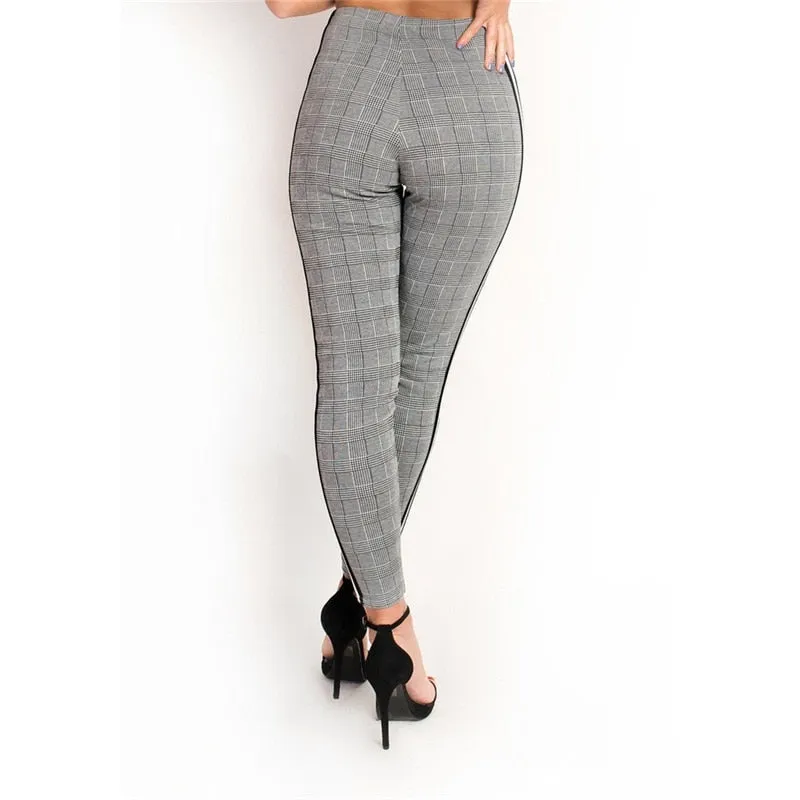 VenusFox Stretchy Side Striped Plaid Pencil Pants