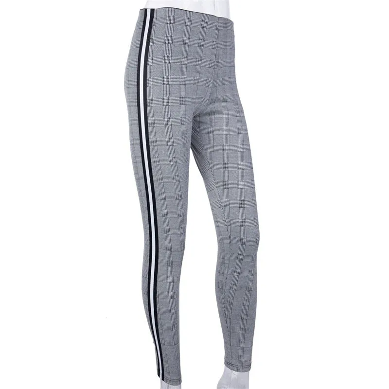 VenusFox Stretchy Side Striped Plaid Pencil Pants