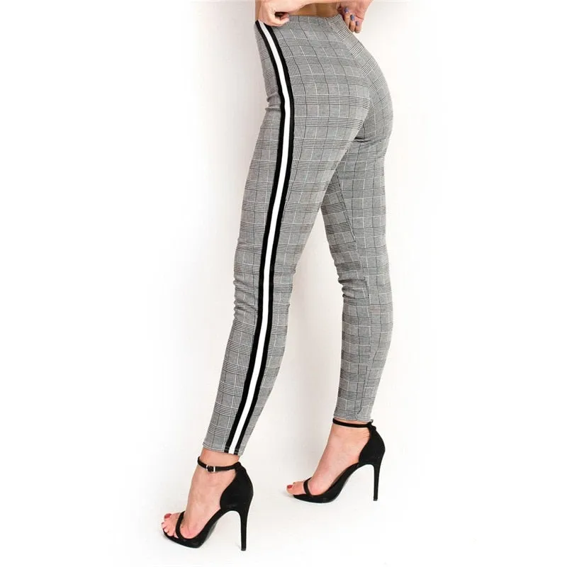 VenusFox Stretchy Side Striped Plaid Pencil Pants