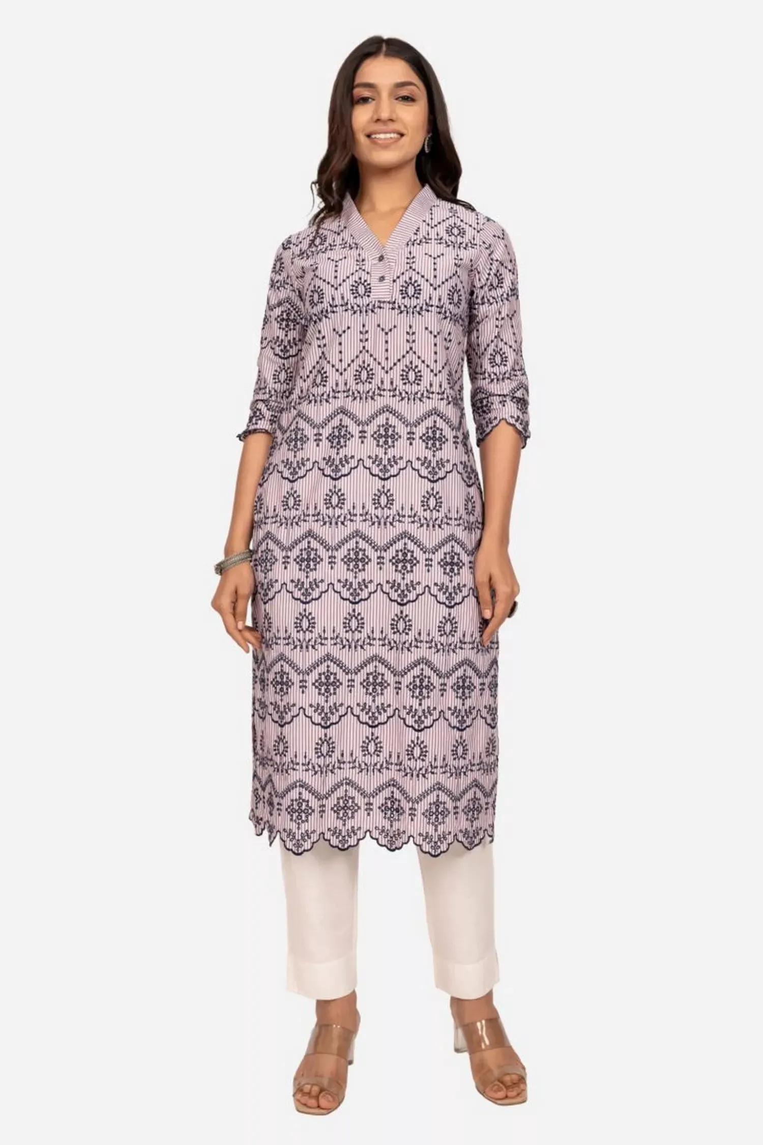 White And Brown Schiffli Kurta