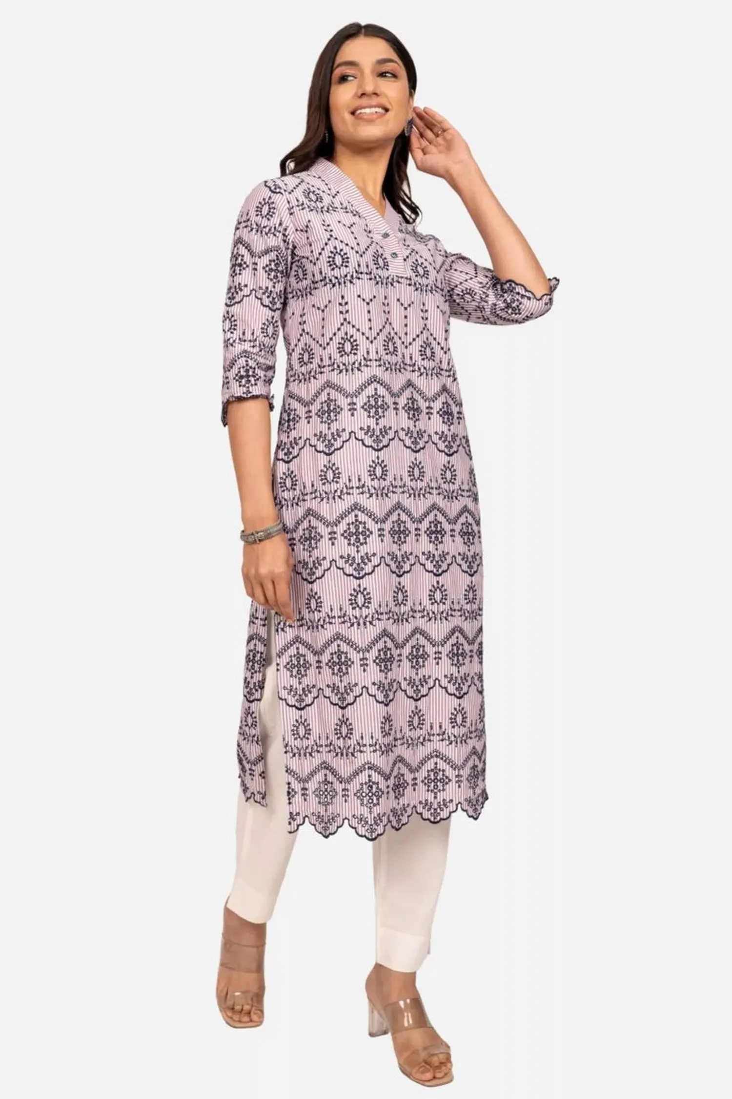 White And Brown Schiffli Kurta