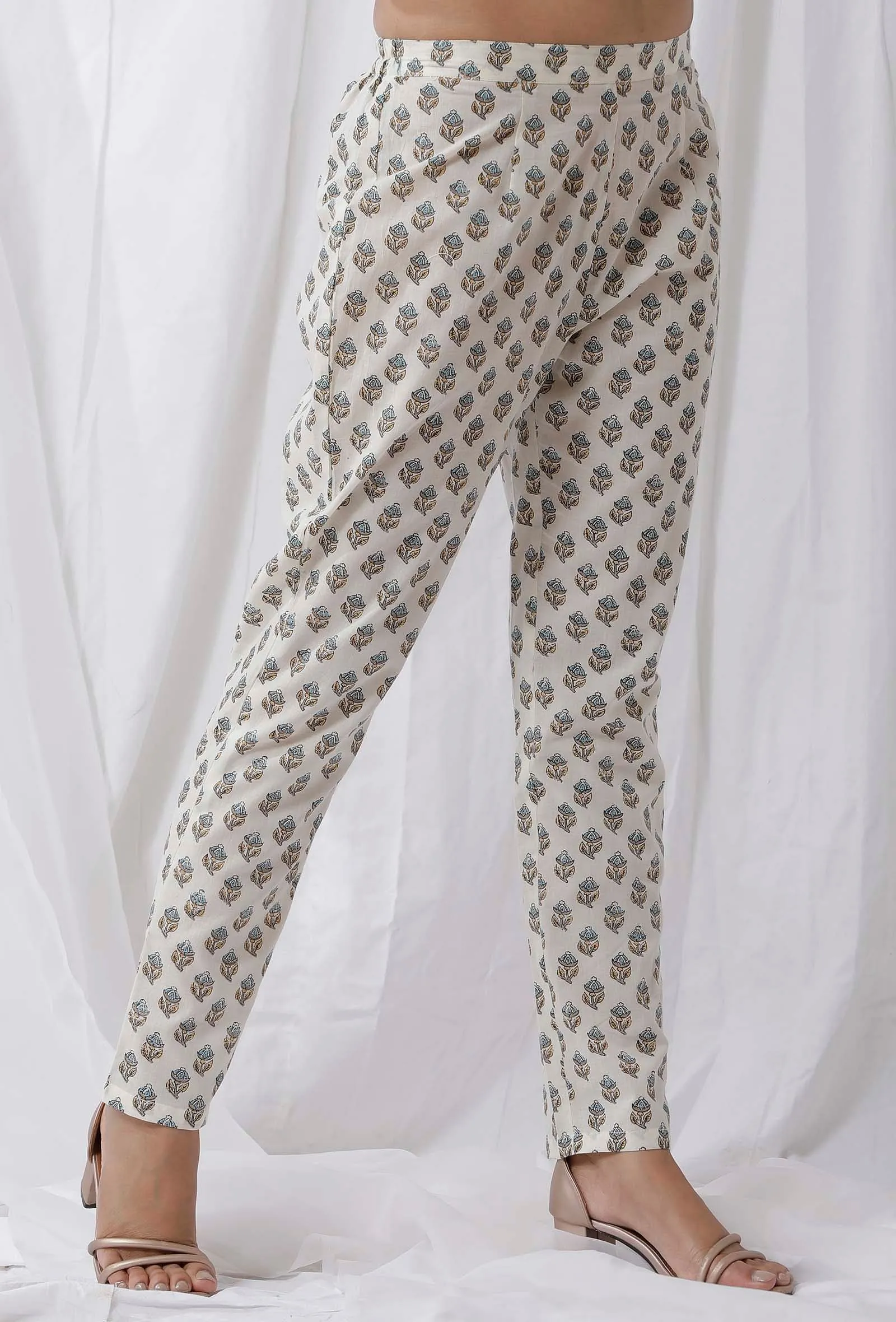 White Cotton Handblock Floral Pants